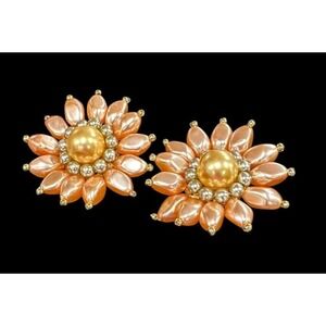 Vintage Pink Beaded Cluster Floral Clip On Earrings Oversized Statement 1980s